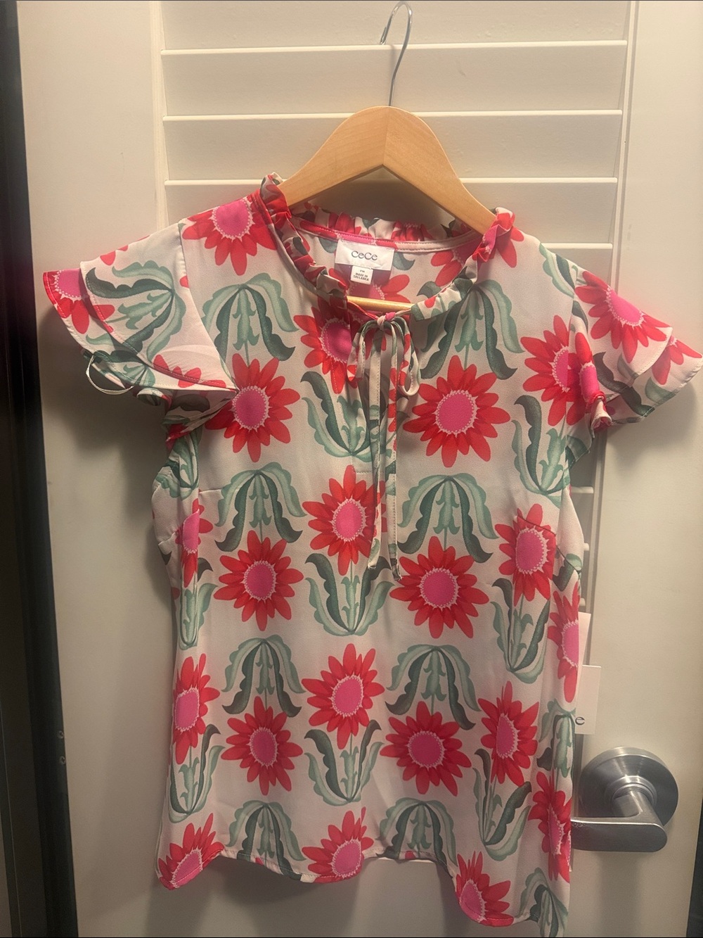 CeCe Pink & Green Floral Tie-Neck Blouse